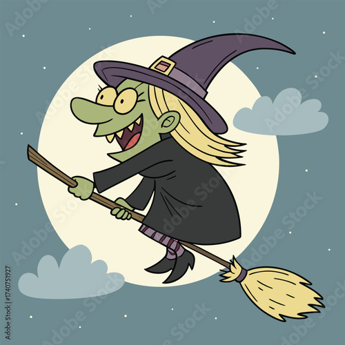 A fun cartoon witch in a black costume and hat is flying on a broom past the moon at night for Halloween