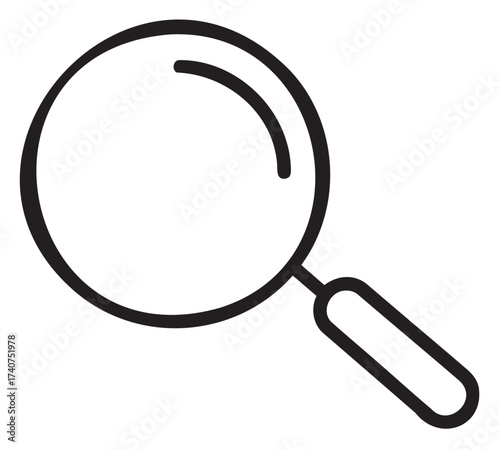 Black outline of a magnifying glass with a round lens and a straight handle, illustrating search or discovery concepts.
