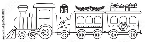 Black outline of a festive train with carriages carrying gifts and decorated with wreaths and garlands.