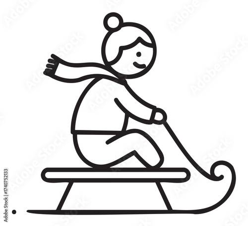 Simple black outline vector icon of a person sledding, featuring a female figure with a scarf and bun on a curved sled.