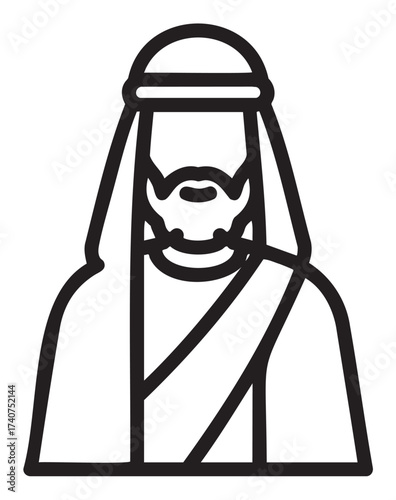 Black outline of a male figure in traditional middle eastern attire with a headscarf and beard, depicted in a minimalist style.