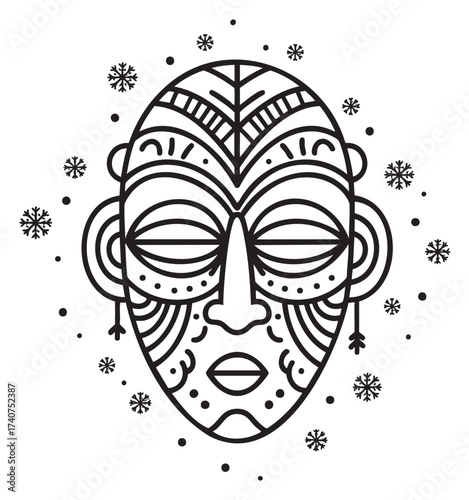 Intricate black outline design of an african tribal mask with detailed geometric patterns and surrounding snowflakes, emphasizing cultural art motifs.