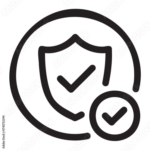 Black outline icon of a shield with a check mark signifying security and protection. simple design suggests reliability and safety.