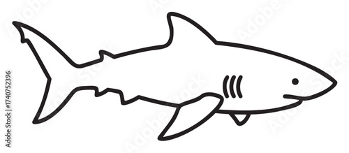 Black outline drawing of a shark with distinct fins and gills, depicting a simple marine illustration.