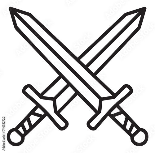 Black outline icon of two crossed swords with detailed hilts and blades, symbolizing combat or defense themes.