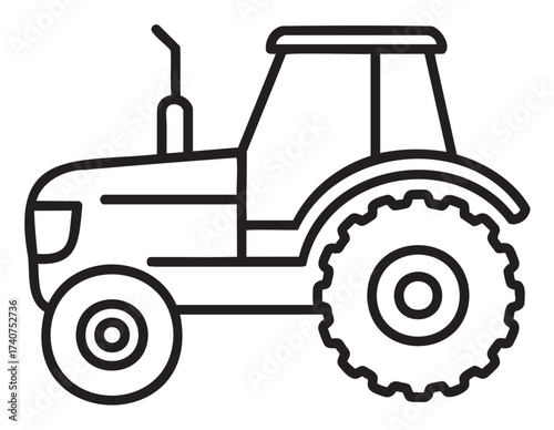 Simple black outline of a tractor with large rear wheels and a visible exhaust pipe, ideal for agricultural and farming themes.