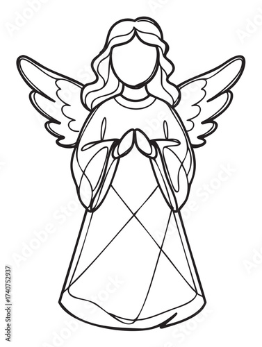 Black and white outline of a faceless angel with wings and long hair, in a praying position with flowing robes.