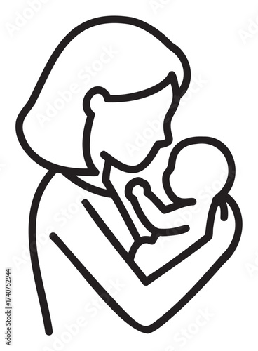 Black outline icon of a female figure tenderly cradling a baby in her arms, depicting maternal love and care.