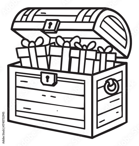 Line art of an open treasure chest filled with neatly wrapped gifts and ribbons, emphasizing concepts of reward, surprise, and discovery.