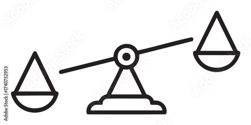 Black outline vector icon of an unbalanced weighing scale with one side lower, representing inequality or imbalance.