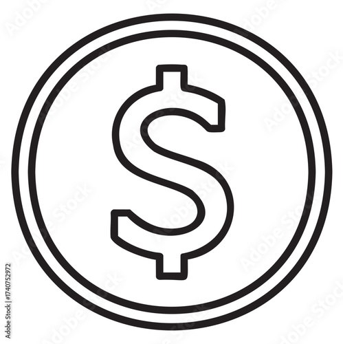 Simple black outline of a coin with a centered dollar symbol, ideal for financial and monetary concepts.
