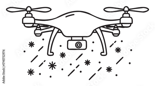 Black outline drawing of a drone hovering above falling snowflakes, representing aerial technology in winter conditions.