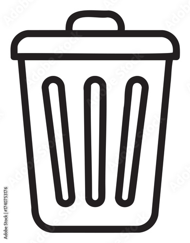 Black outline vector icon of a simple cylindrical trash can with vertical panel details and a handle on the lid.