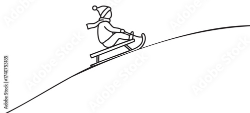 Black outline vector icon of a child sledding down a hill in winter attire including a hat and scarf.
