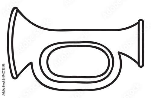 Black outline vector icon of a simple trumpet with a coiled tube and flared bell, ideal for music concept illustrations and educational purposes.