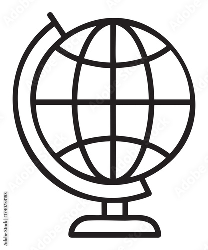 Black outline icon of a classic globe with meridian lines, mounted on a stand for educational and geographical concepts.