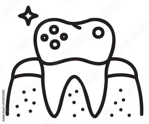 Black outline icon of a decayed tooth with multiple cavities and a sparkle symbol for dental care and hygiene concepts.