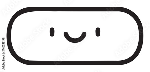 Black outline of a rounded rectangle with a simple, smiling face, featuring two small eyes and an upturned mouth.