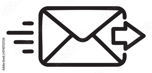 Black outline icon of an envelope with an arrow indicating email sending, symbolizing fast communication.