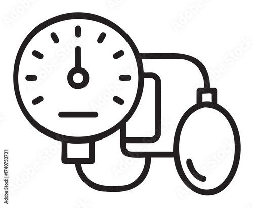 Black outline icon of a blood pressure monitor with a gauge and an inflatable cuff for measuring arterial pressure.