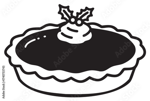 Black outline vector icon of a festive pie topped with holly leaves and berries, depicting a holiday dessert concept.