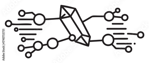Black outline of a geometric crystal icon connected to a circuit network with circular nodes, symbolizing technology and innovation.