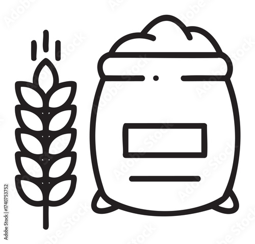 Black outline drawing of a large sack filled with flour next to a wheat stalk, symbolizing baking and agriculture.