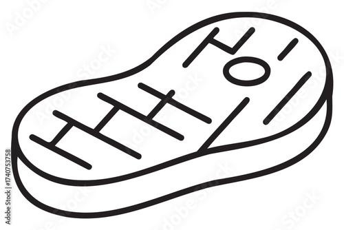Black outline of a steak with grill marks, illustrating a simple linear design for culinary themes.
