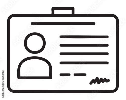 Simplistic black outline icon of an identification card featuring a generic profile picture and lines representing text.