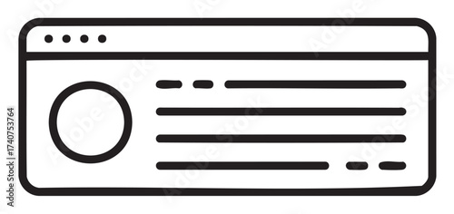 Black outline vector icon of a website header design featuring a circular element and horizontal lines for text placement.