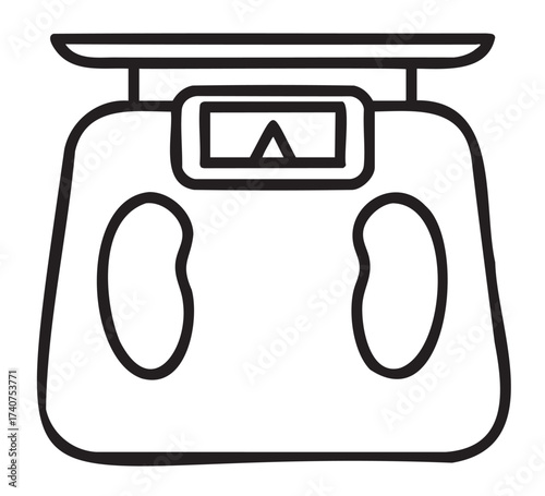 Black outline icon of a digital bathroom scale with foot placements and an analog needle display.