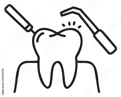 Black outline icon depicting a dental procedure with a tooth, drill, and dental mirror.