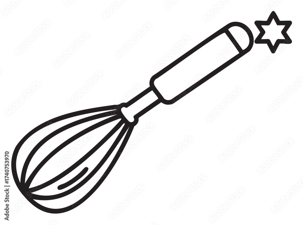 Obraz premium Black outline vector icon of a simple kitchen whisk with a star accent. minimal design for cooking, baking, and culinary concepts.