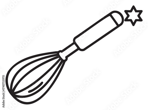 Black outline vector icon of a simple kitchen whisk with a star accent. minimal design for cooking, baking, and culinary concepts.