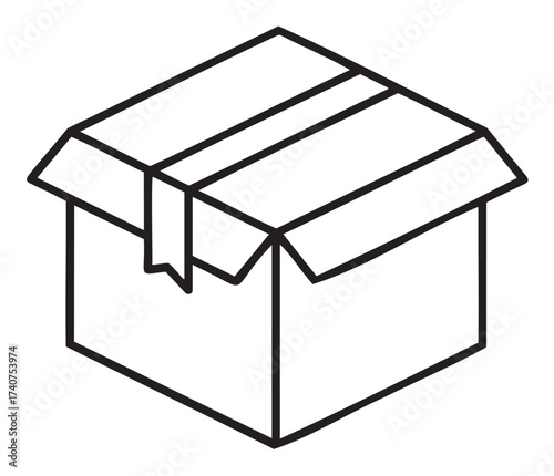 Black outline of a simple open cardboard box viewed from a slightly elevated angle.