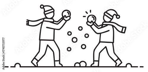 Two children in winter clothes having a snowball fight, wearing hats and scarves, engaging in a playful outdoor winter activity.