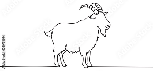 Continuous single line drawing of a goat with curved horns facing left, capturing its side profile and natural stance.