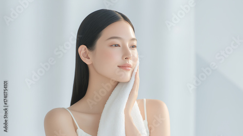 洗顔後にタオルで顔を拭く美しい日本人女性：美容広告に
