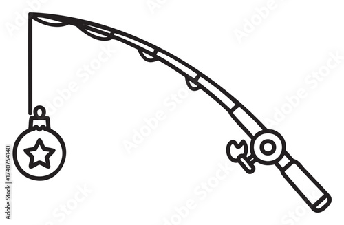 Black outline of a fishing rod with a simple christmas ornament hanging from the line.