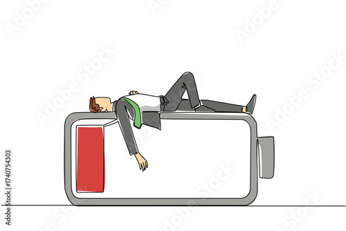 Continuous one line drawing a young businessman falls asleep on a low battery. Need additional energy for further activities. Chronic Fatigue Syndrome Day. Single line draw design vector illustration