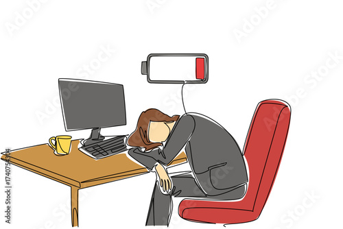 Single one line drawing a businesswoman sleeping at her desk. A cup of warm coffee still makes the sleepy. Weak. Recharge. Chronic Fatigue Syndrome Day. Continuous line design graphic illustration