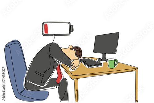 Continuous one line drawing a businessman sleeping at his desk. Take a break. Get back in the business mood. Warm coffee. Chronic Fatigue Syndrome Day. Single line draw design vector illustration
