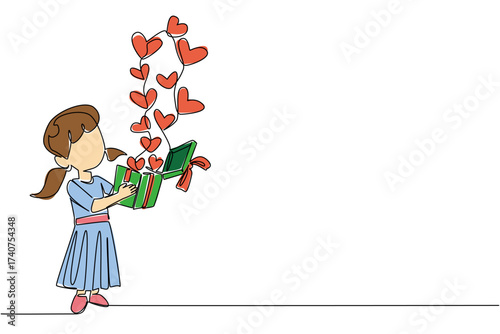 Continuous one line drawing the girl brought a gift box from which lots of hearts came out to the top. A sincere expression of affection. Day of Mother. Single line draw design vector illustration