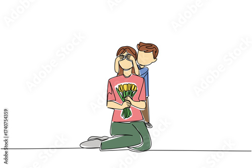 Single continuous line drawing a boy covers eyes of mother with both hands from behind. Giving a surprise to the best mother in the world. Flower. Day of Mother. One line design vector illustration