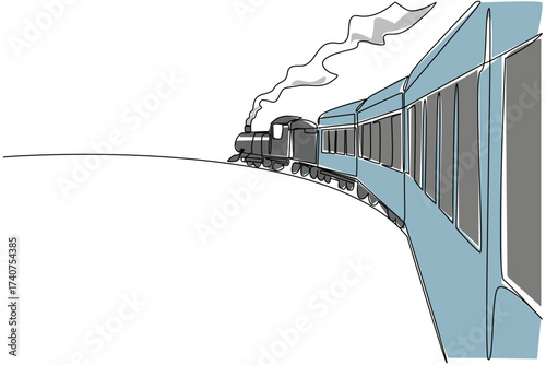 Single one line drawing the train is seen from behind and is visible to the front. The trip captain supervises the carriage. The smoke. National Train Day. Continuous line design graphic illustration