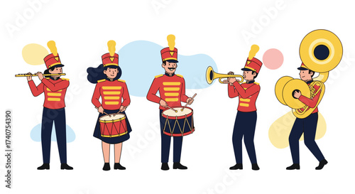 A colorful marching band plays music with enthusiasm and precision in this energetic illustration.