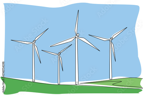 Single one line drawing some windmills in the meadow. Drive the milling machine. Technology that helps humans. View in countryside. National Windmill Day. Continuous line design graphic illustration