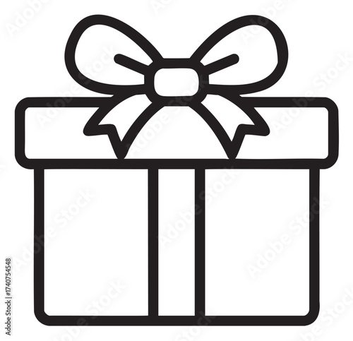 Black outline icon of a gift box with a ribbon and bow on top, representing celebration and surprise.