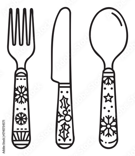 Black outline illustration of fork, knife, and spoon with decorative handles featuring winter-themed snowflakes and holly designs.
