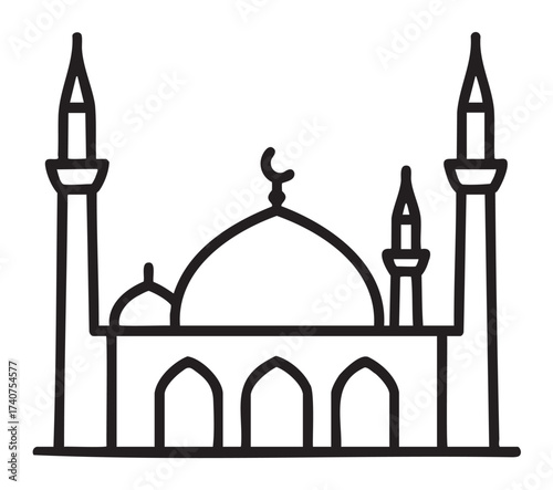 Black outline vector icon of a mosque with a large central dome and four minarets, emphasizing religious architecture and cultural significance.